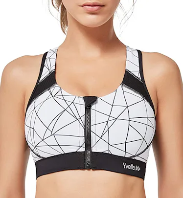 SAYFUT Women's Shirred Front Zipper Closure Sports Bra High Impact Support Mesh Racerback Workout Bras With Removable Pads