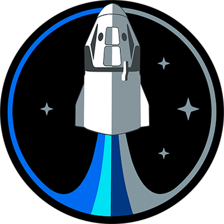 The Inspiration4 logo, a drawing of a rocket shooting out various streams of blue and grey.