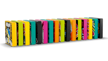 Multicolored Lego 'BeatBits' are standing in a row like dominos 