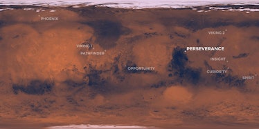 A map of Mars pinpointing the Perseverance rover landing site.