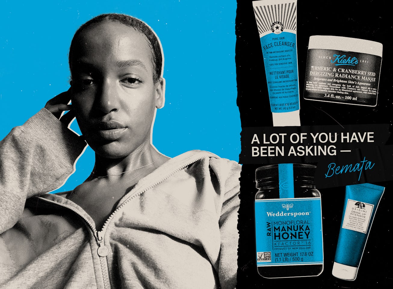 Bemata in black and white and some beauty products around her in one collage.