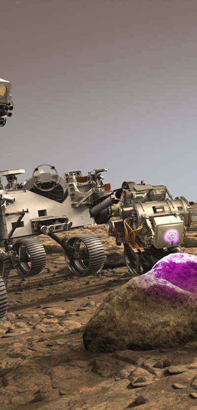 An illustrated image of the Perseverance rover on the surface of Mars.