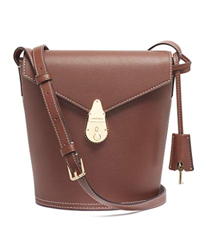 Calvin Klein Statement Series Lock Flap Daytonna Leather Bucket Crossbody Bag