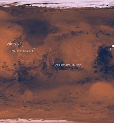 A map of Mars pinpointing the landing location of the Perseverance rover compared to other NASA miss...