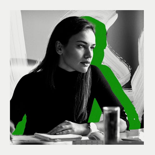 A collage of a woman with imposter syndrome in a black turtleneck looking into the distance and grey...
