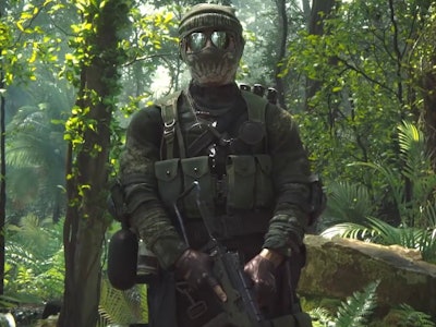 Naga from the Call of Duty video game wearing a phantom mask and sunglasses in the forest