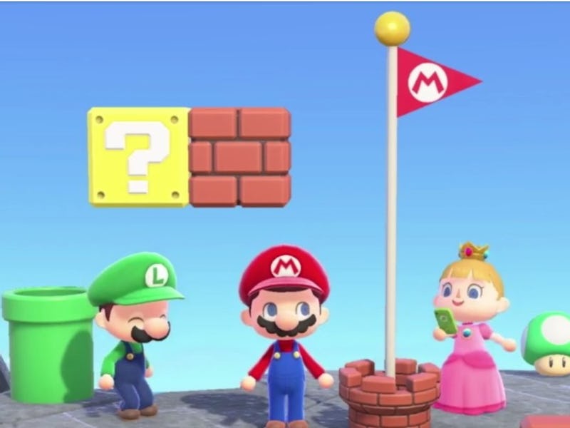 Mario Bros and Princess Peach can be seen in Animal Crossing: New Horizons format.