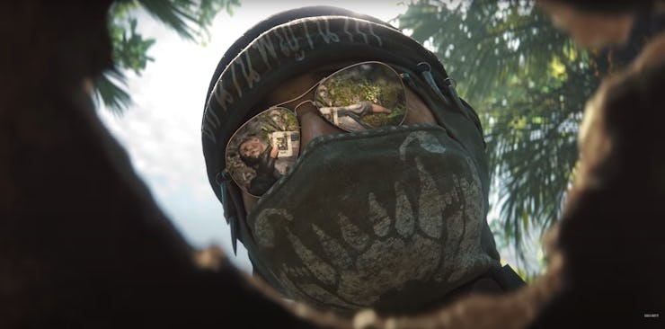 Naga from the Call of Duty video game wearing a phantom mask and sunglasses in the forest