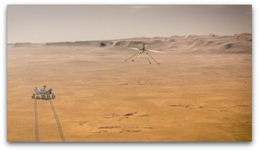 An animated image of Perseverance rover and Ingenuity helicopter on the surface of Mars.