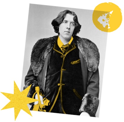 Poet, Oscar Wilde, in a black winter jacket with fur around the collar and sleeves