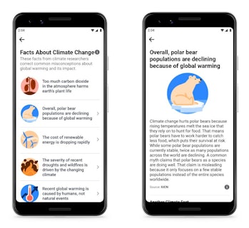 Two screenshots show Facebook's climate change information hub. The one screenshot on the left detai...