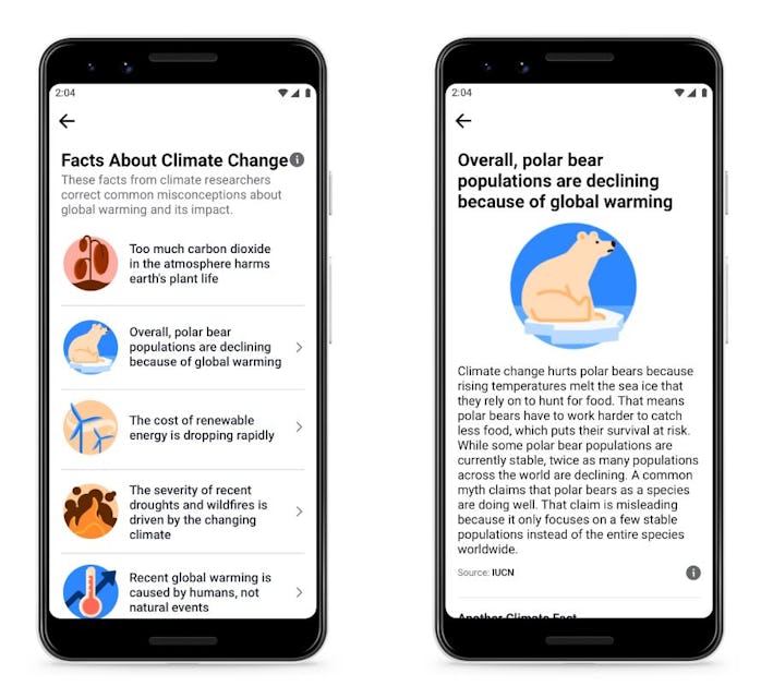 Two screenshots show Facebook's climate change information hub. The one screenshot on the left detai...
