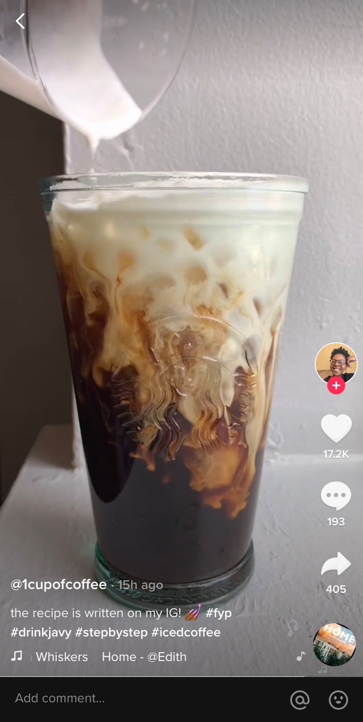 A TikTok user makes Starbucks' vanilla sweet cream coffee at home.