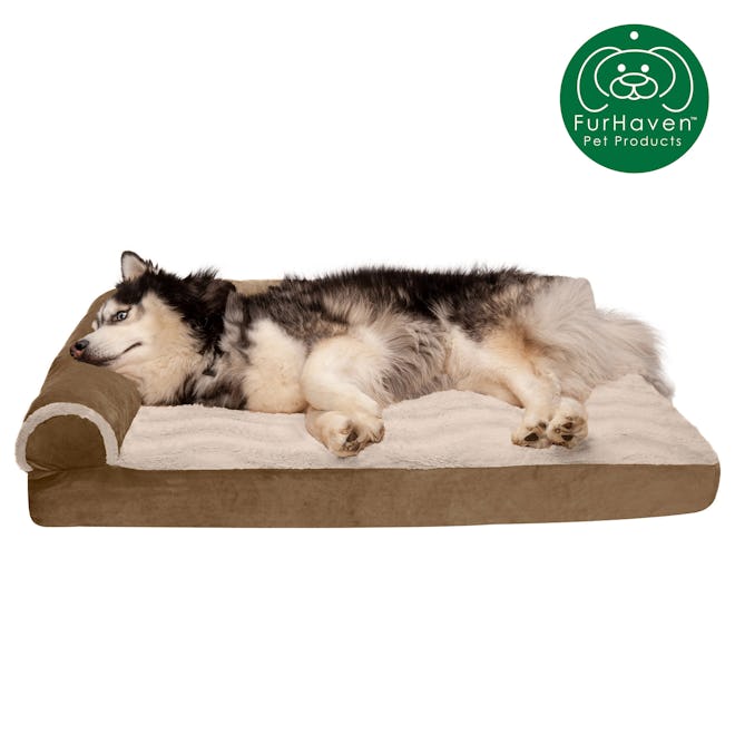 Deluxe Orthopedic Wave Fur & Velvet L-Shaped Chaise Couch Pet Bed