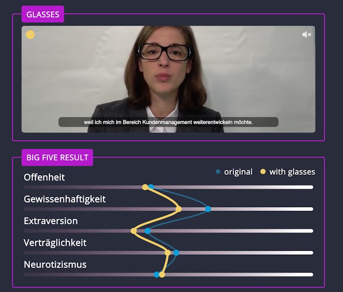 Screenshot of BR's experiment video featuring a woman wearing glasses with an OCEAN assessment chart