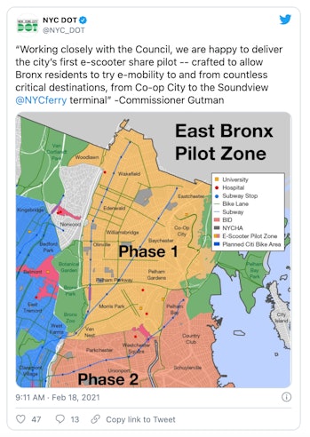 NYC's Department of Transportation announces an e-scooter sharing pilot to launch initially in the Bronx.