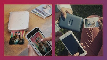 A collage with Fujifilm INSTAX Mini Link Smartphone Printer and HP Sprocket Select Portable Instant ...