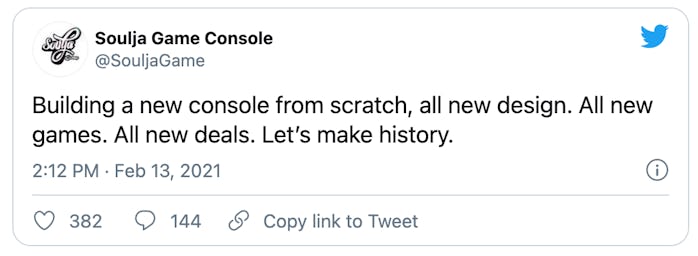 Tweet from Soulja Game Console announcing the ongoing creation of a new console.