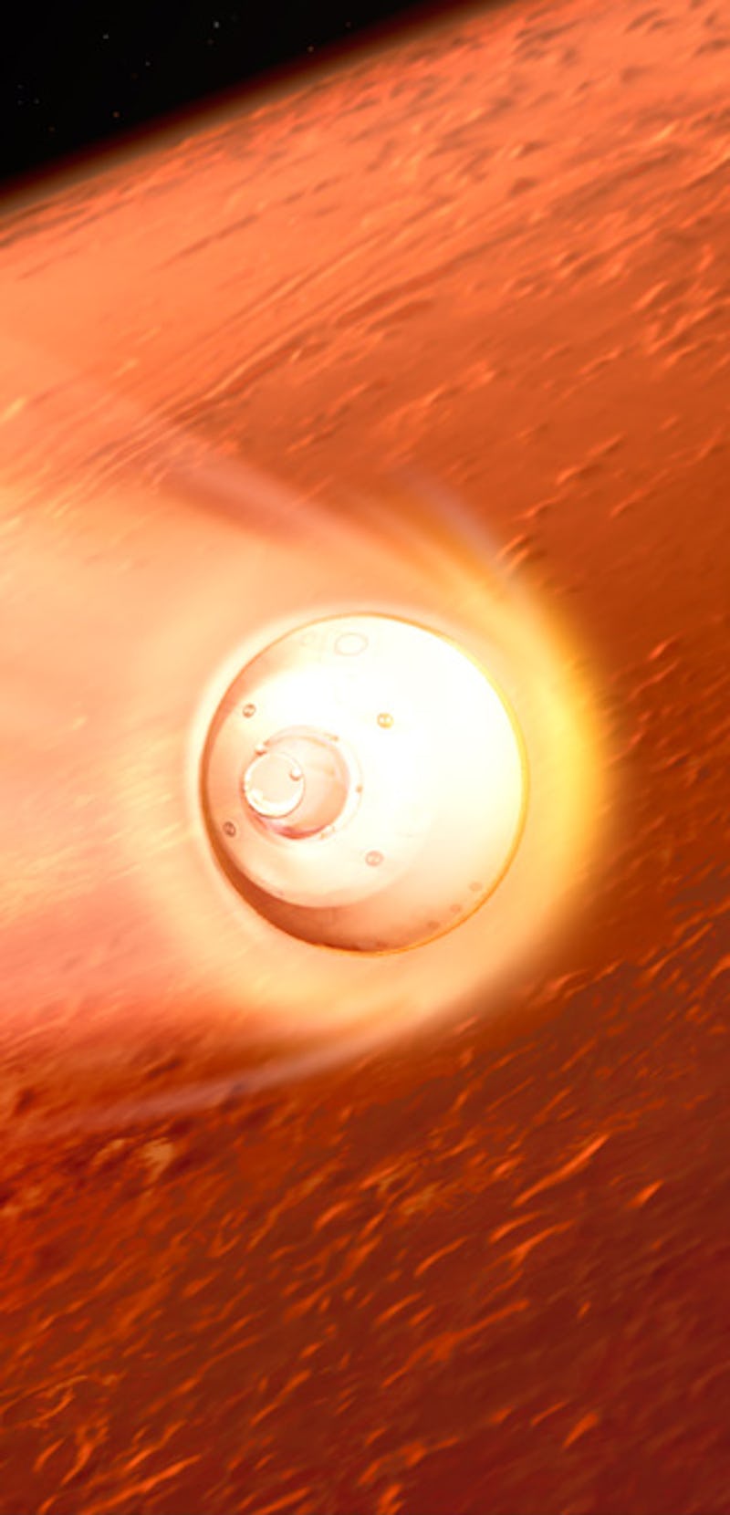 An illustration of the spacecraft carrying the Perseverance rover entering the Martian atmosphere.