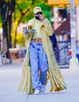 Hailey Bieber is seen going out for coffee on October 17, 2020 in New York City. 