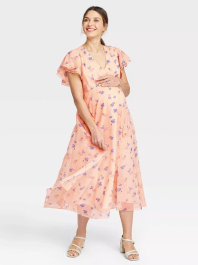 Floral Print Flutter Short Sleeve Chiffon Maternity Dress