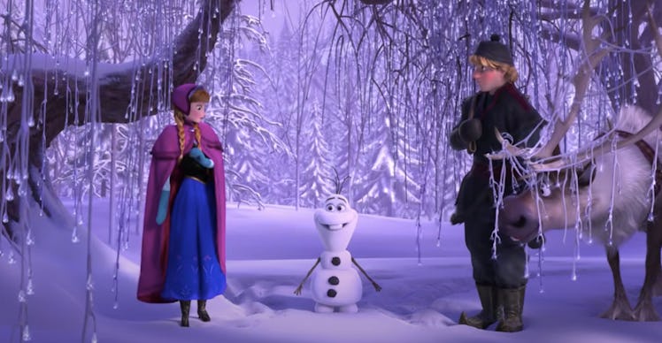 Anna, Olaf, and Kristoff from 'Frozen' stand in the snow sharing some quotes from Frozen.