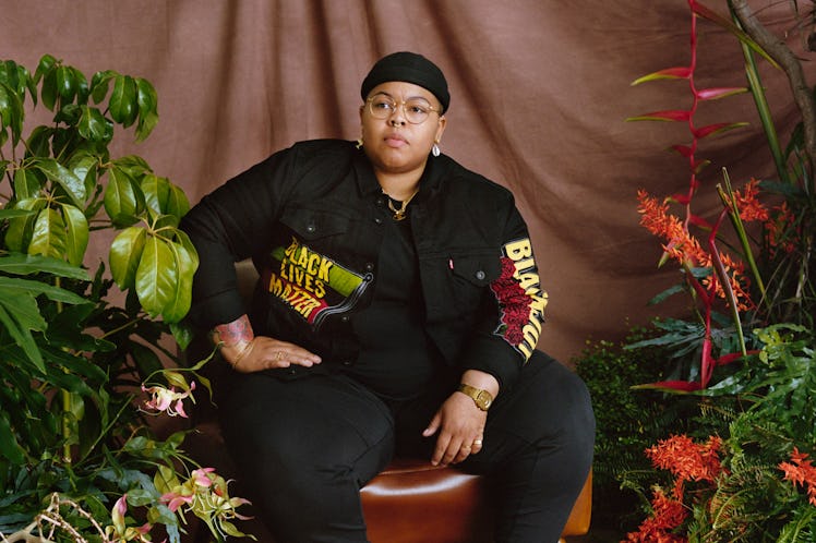 Fresco Steez modeling the custom patches for her Levi's collection, celebrating Black history and Bl...