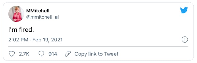 Screenshot of a tweet from former Google AI Ethics co-lead Margaret Mitchell that reads "I'm fired."