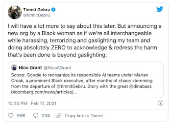 Screenshot of tweet from former Google AI Ethics co-lead Timnit Gebru relaying her dismay at the app...