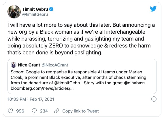 Screenshot of tweet from former Google AI Ethics co-lead Timnit Gebru relaying her dismay at the app...