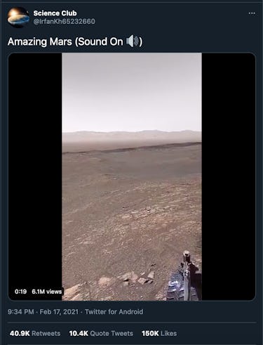 An image of a fake video from the account "Science club" with the caption "Amazing Mars Sound On" and a speaker emoji