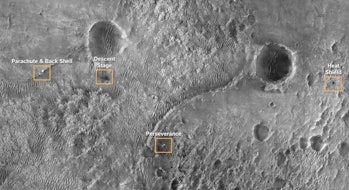 A global view of Mars with markers indicating where the parachute, descent stage and rover ultimately landed.