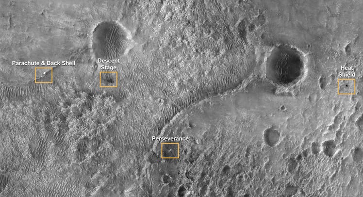 A global view of Mars with markers indicating where the parachute, descent stage and rover ultimatel...