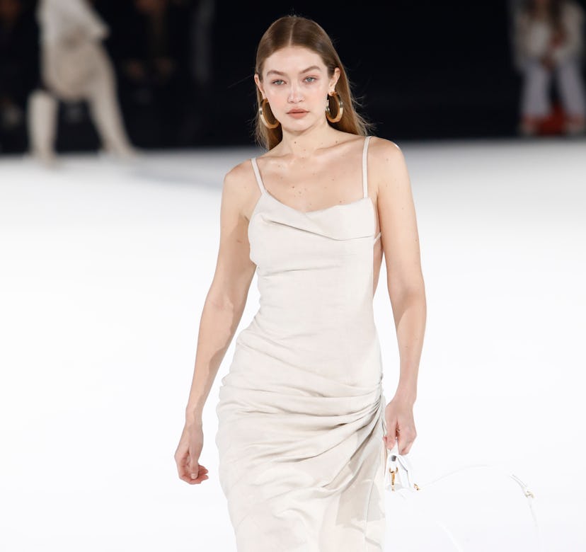 Gigi Hadid walks the runway during the Jacquemus Menswear Fall/Winter 2020-2021 show as part of Pari...