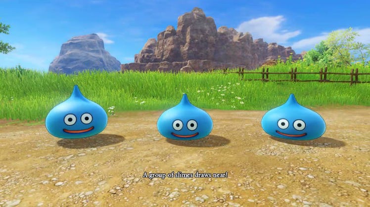 A gaggle of slimes approach in Dragon Quest XI.