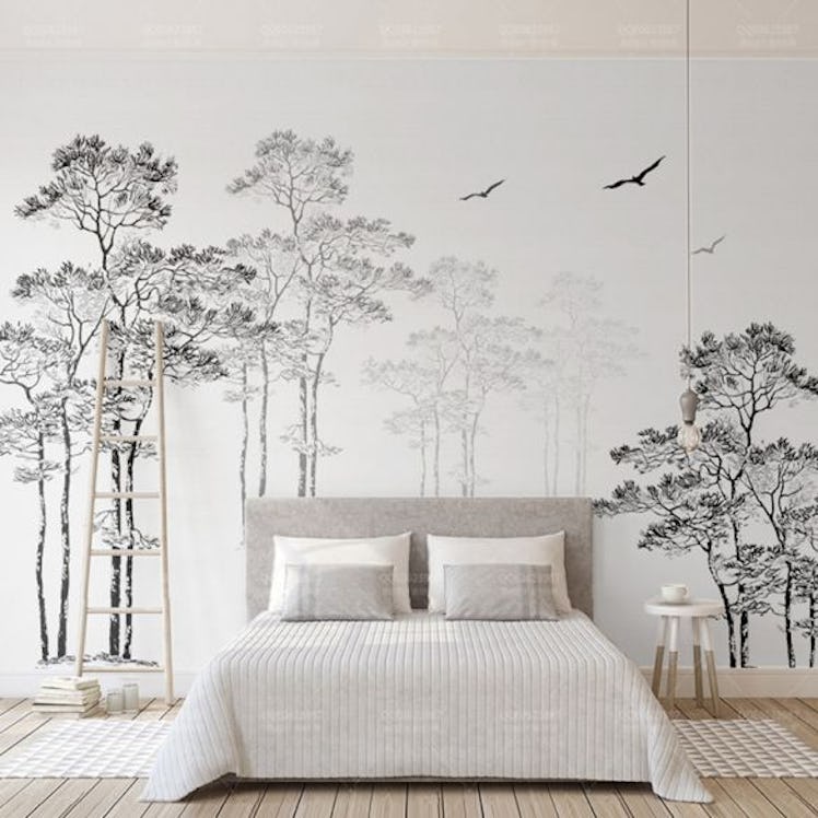 Whole Pine Tree Wall Decor for Guest Room Flying Bird Wall Mural