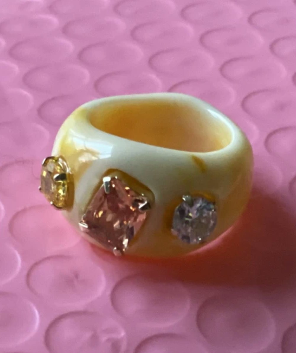 Yellow Lucite Ring with Semi Precious Stones