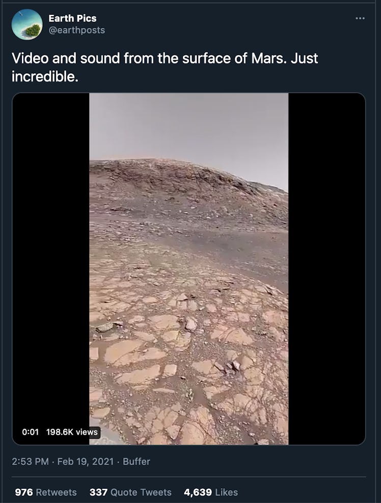 A misleading tweet from Earth Pics saying "Video and sound from the surface of Mars. Just incredible...