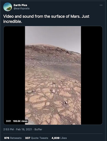 A misleading tweet from Earth Pics saying "Video and sound from the surface of Mars. Just incredible...