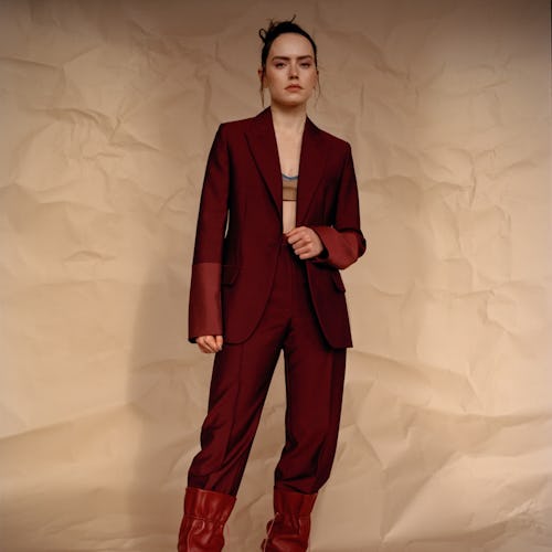 Daisy Ridley in Roksanda jacket, pants, and boots, Emilia Wickstead bralette, Araks bra (worn under)...