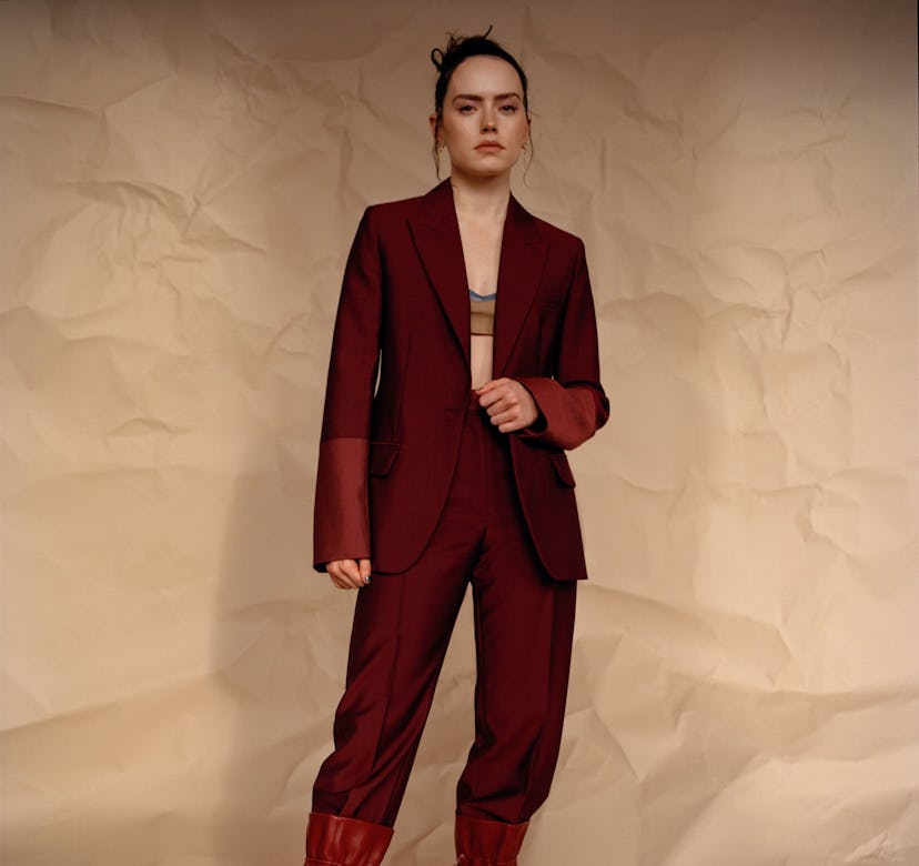 Daisy Ridley in Roksanda jacket, pants, and boots, Emilia Wickstead bralette, Araks bra (worn under)...