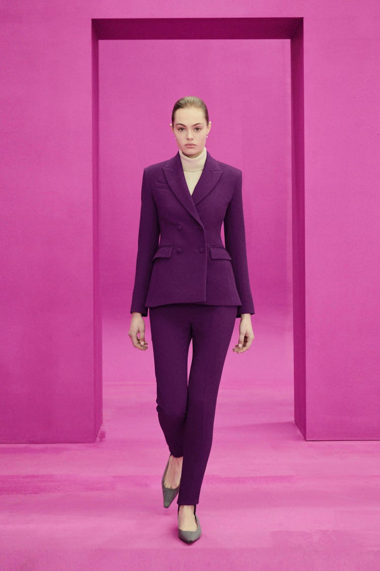A model in an Emilia Wickstead purple suit at the London Fashion Week