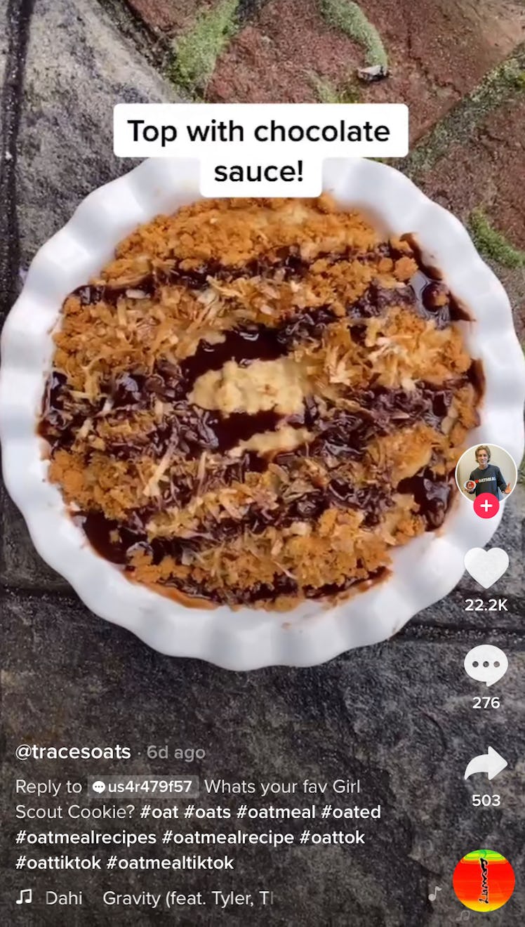 A bowl of Samoa Girl Scout cookie oatmeal sits on the counter and is a Samoas Girl Scout Cookie reci...