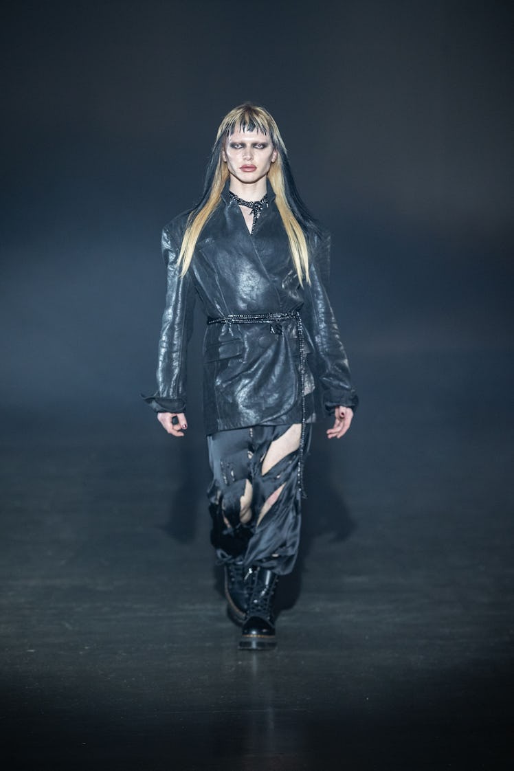 Bimini Bon-Boulash walking in the Eden Loweth Spring 2021 show in a black leather jacket and pants 