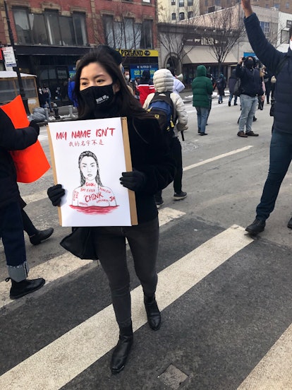 A middle-aged woman at the anti-Asian racism protests in New York