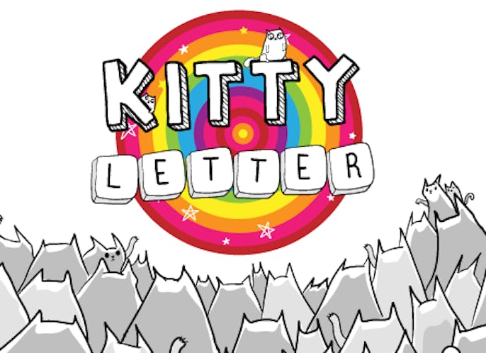 An illustrated logo for Kitty Letter featuring greyscale cats looking at a rainbow vortex with the t...