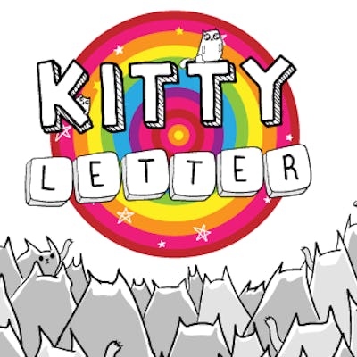 An illustrated logo for Kitty Letter featuring greyscale cats looking at a rainbow vortex with the t...