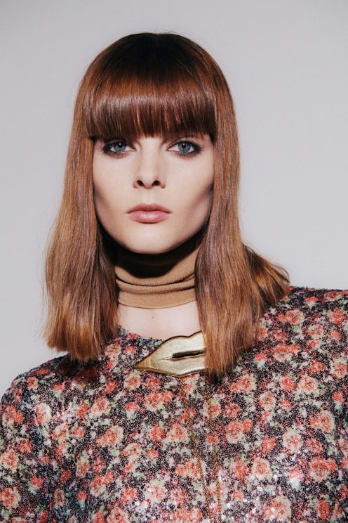 Red hair model with bangs from the Fall Winter 2021 Victoria Beckham show