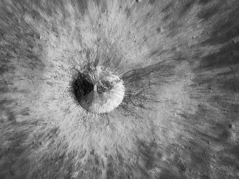 A closeup of the Moon's surface showing one of its impact basins.
