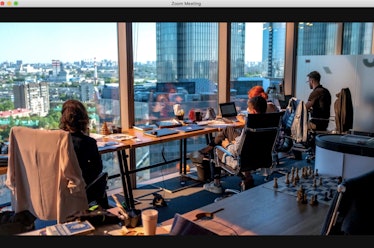 This office Zoom background gives you a great view of a cityscape.